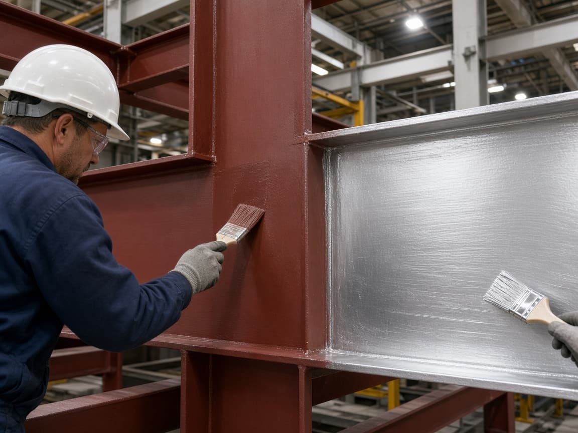 Red oxide primer and aluminium paint being applied on industrial steel